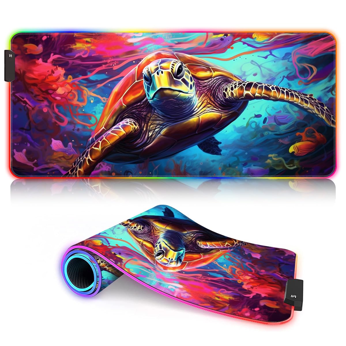 Tappetino da scrivania colorato tartaruga psichedelica LED XL grande tappetino per mouse ROG esteso tappetino da scrivania (80 x 30 x 0,3 cm) tessuto impermeabile superficie studio e gioco