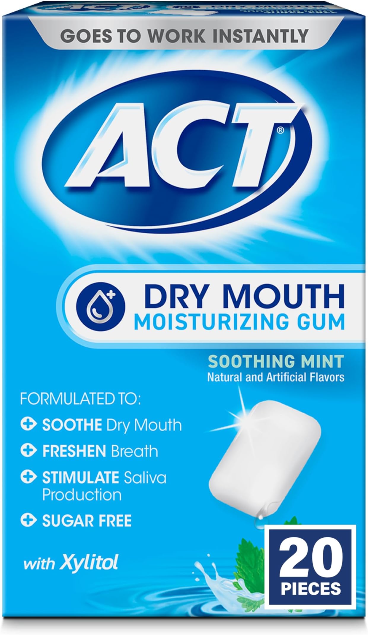 Dry Mouth Moisturizing Gum, 20 Pieces, With Xylitol, Sugar Free Soothing Mint