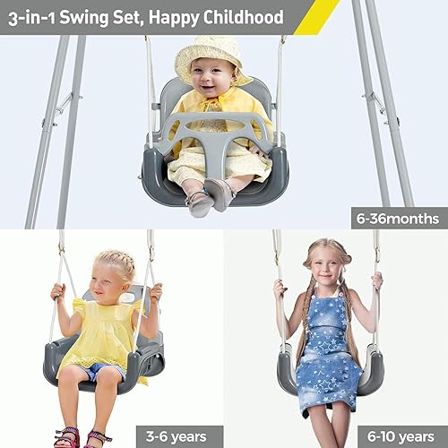 Miniatura 5 de FUNLIO Columpio para niños pequeños con soporte de metal plegable para niños pequeños de 1 a 10 años, juego de columpio 3 en 1 con 4 sacos de arena
