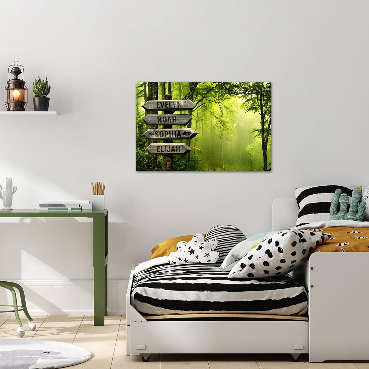 iLOOKLiKE Personalized Street Signs with Family Name Wall Art Custom Multi Names Canvas Prints Misty Green Forest Tree Pictures Painting Framed Unique Gifts for Home Decor Anniversary Living Room