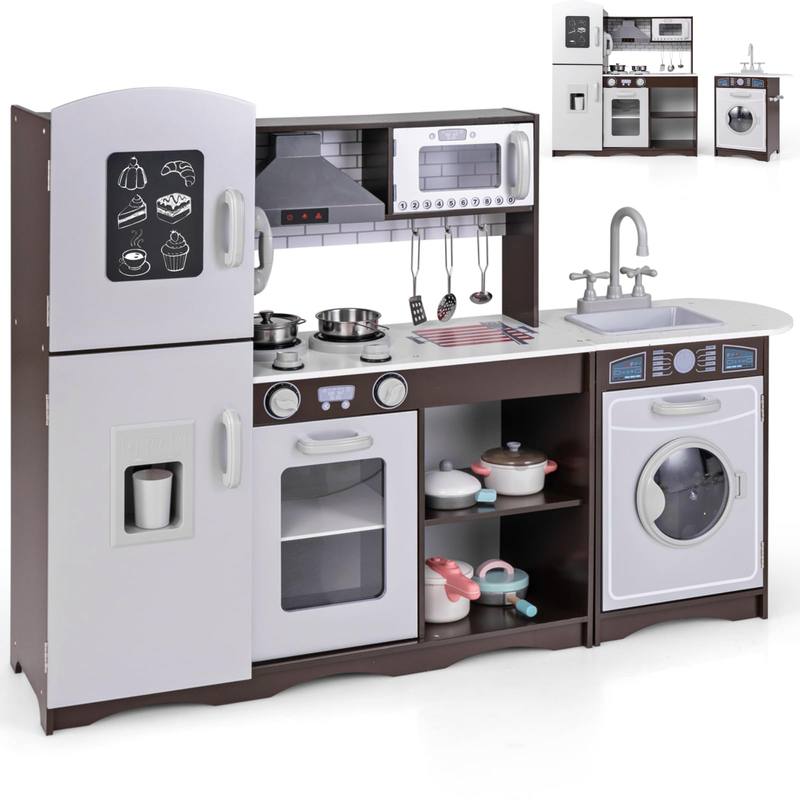 GYMAX Large Play Kitchen, Modular Toy Kitchen with Range Hood, Washing Machine, Ice Maker, Microwave, Oven, Phone, Stoves, Sink and Cookware Accessories, Kids Cooking Role Playset for 3+ Years Old