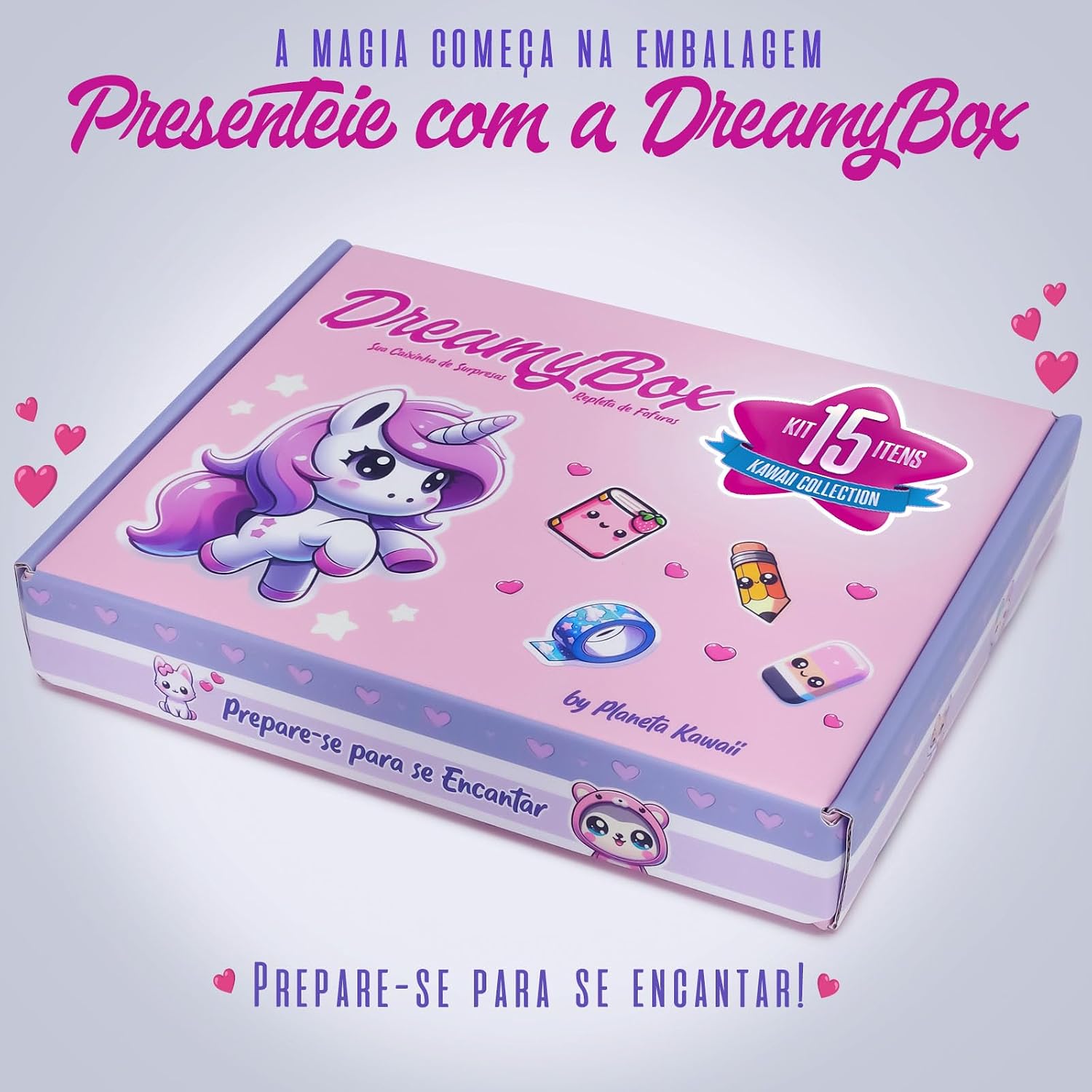 Caixa Kawaii Papelaria Fofa Kit 15 Itens e Estojo de Pelúcia com Caixa de Presente Temática Exclusiva, Presente Menina, Adolescente, Aniversário, Dia das Crianças, Natal, Volta às Aulas