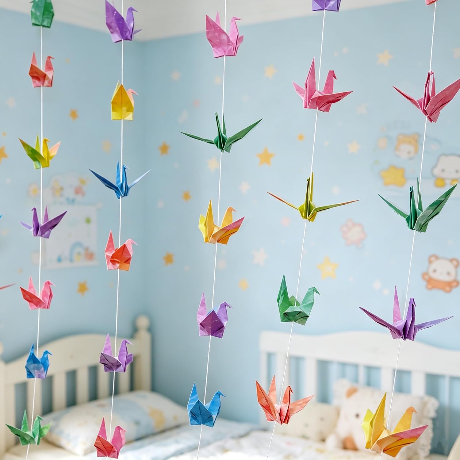 Pink Sakura Flower Paper Crane Hanging Garland Japanese Decor | Cherry Blossom Origami Birds Crane Garland for Bridal Shower Baby Shower Bedroom Ceiling Birthday Party Supplies (5.2ftx3set)