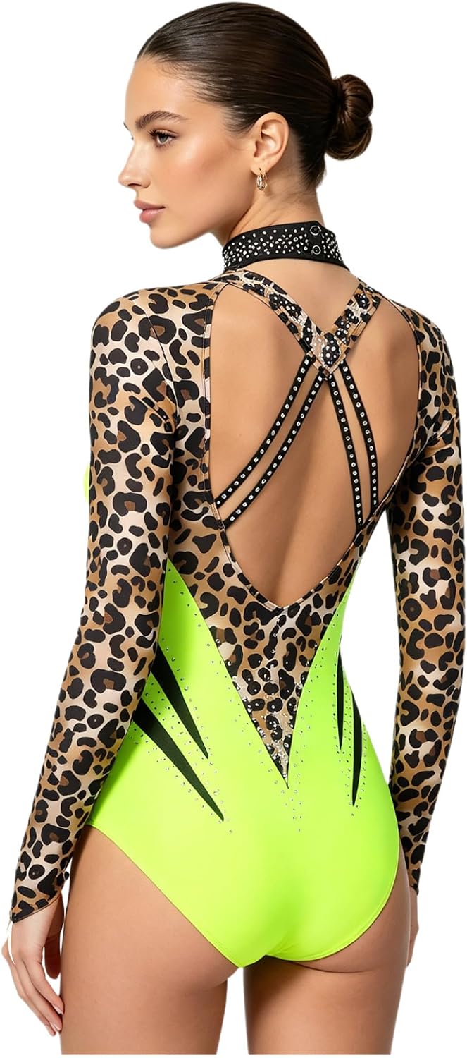 Women Gymnastics Bodysuit Long Sleeve Training Performing Glittery Rhinestone Print Spliced Sport Wear