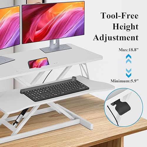 Vista 4 de Convertidor de escritorio de pie ajustable de 38 pulgadas, monitor doble y elevador para laptop con bandeja ancha para teclado, estación de trabajo