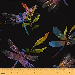 Wild Dragonfly Decorative Fabric by The Yard 3D Purple Blue Gradient Animal Indoor Outdoor Upholstery Fabric Green Leaves Pink Flower Plant Fabric for Quilting Sewing Arts DIY Craft,1 Yard