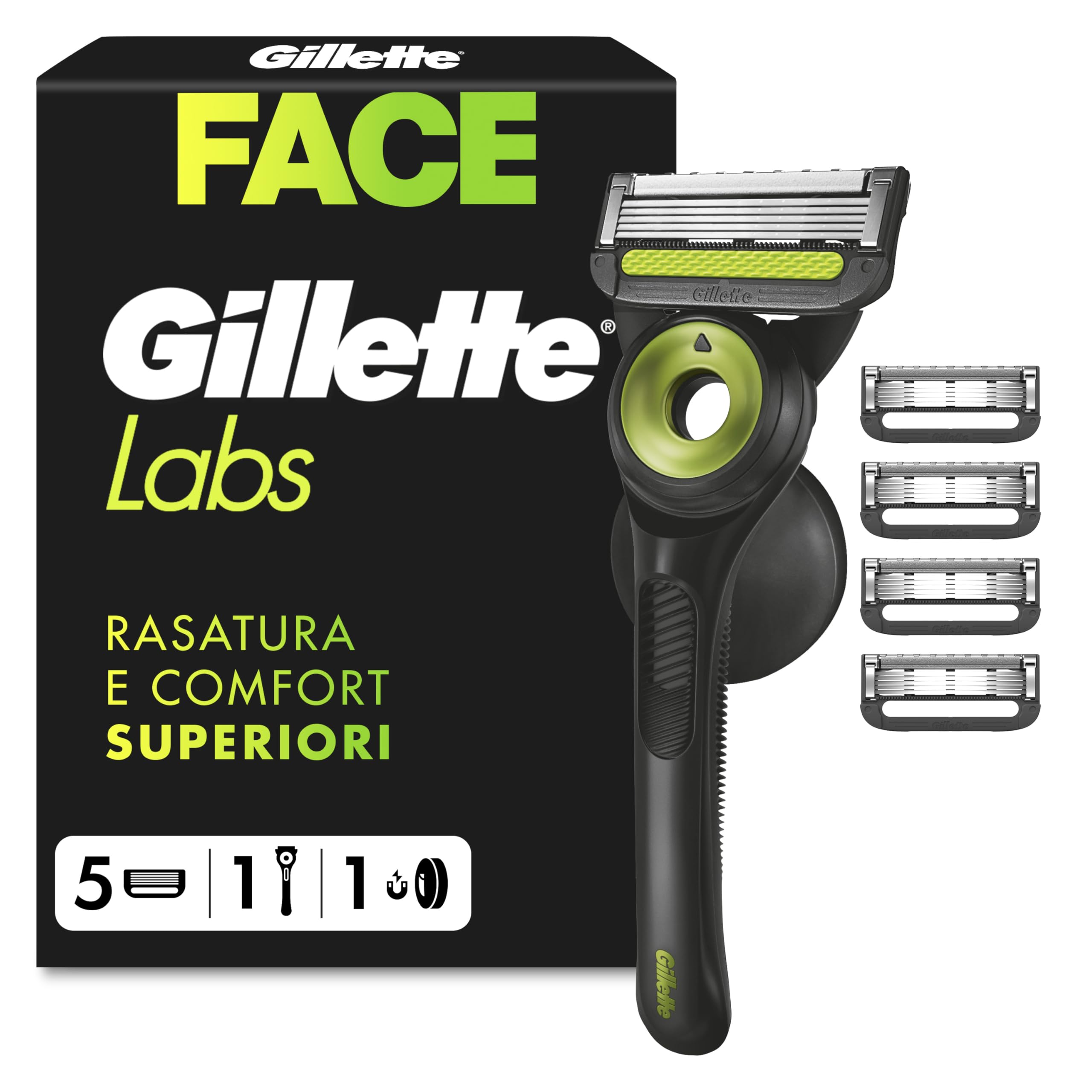 Gillette Labs Rasoio a Mano Libera, Edizione Neon Night, 1 Manico, 5 Lamette di Ricambio, Base Magnetica, Custodia da Viaggio e Gancio da Parete, Rasoio Barba Grigio e Lamette di Ricambio | 1 Manico con Barra Esfoliante + 5 Lamette di Ricambio, Base Magne