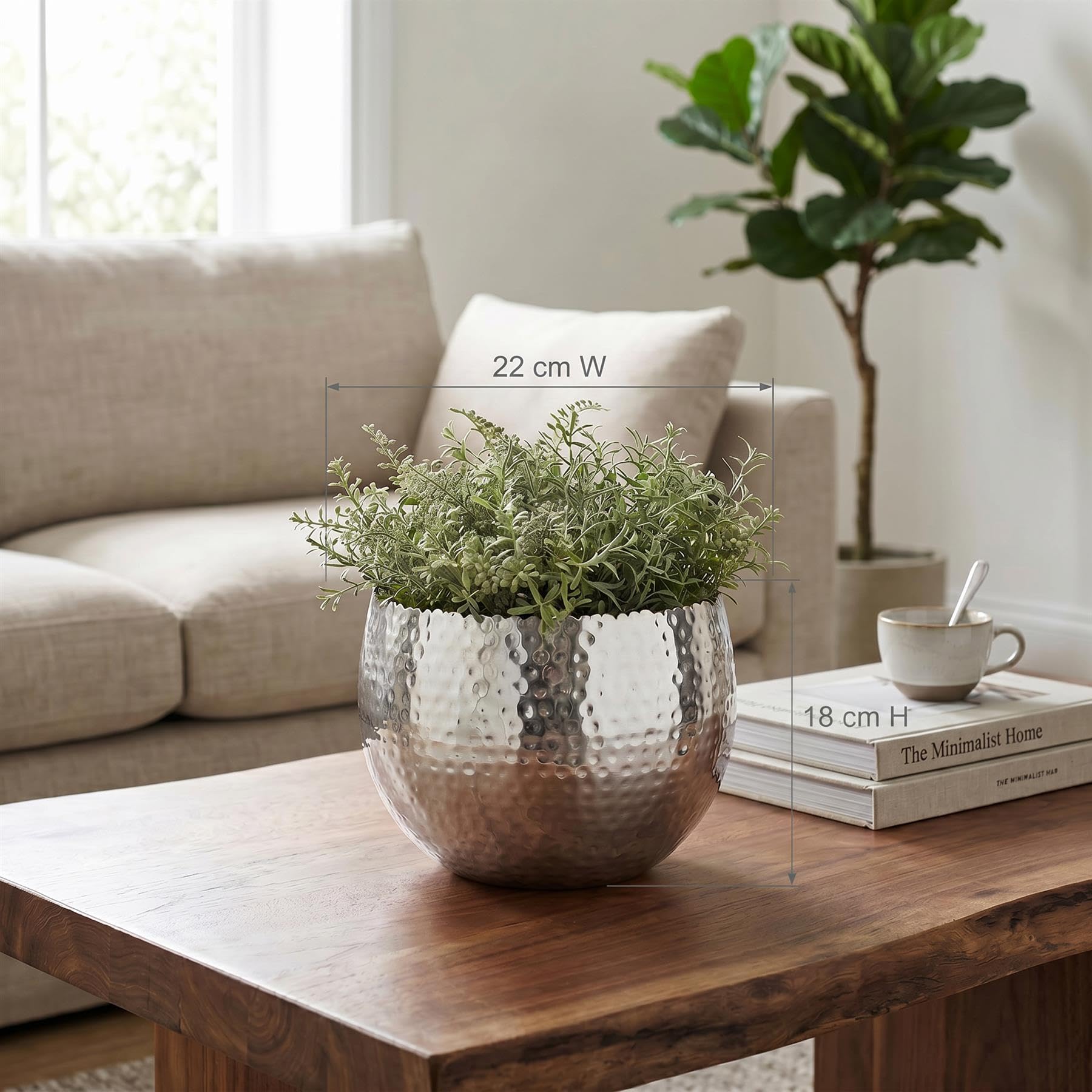 Blumentopf aus Metall, groß, Blatt-Design, Silber, 22cm x 17cm