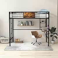 Vista 8 de Giantex Cama alta de metal tamaño individual con escritorio y estante de almacenamiento, marco de cama alta resistente con escalera integrada