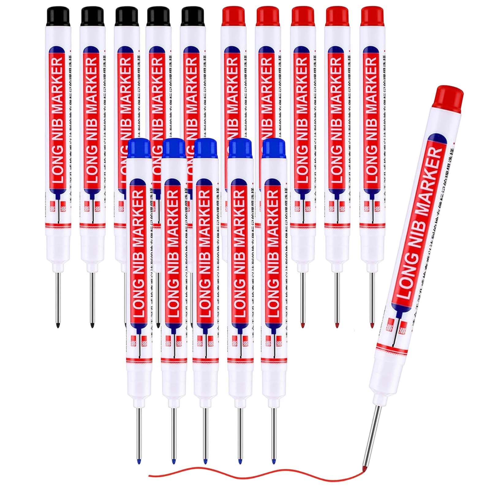 RJFUJP Deep Hole Marker, Long Nib Marker Pen with Waterproof Quick-Drying Ink, Professional Marking Tool for Hard-to-Reach Areas in Woodworking and Construction, Set of 15 Permanent Marker Pens