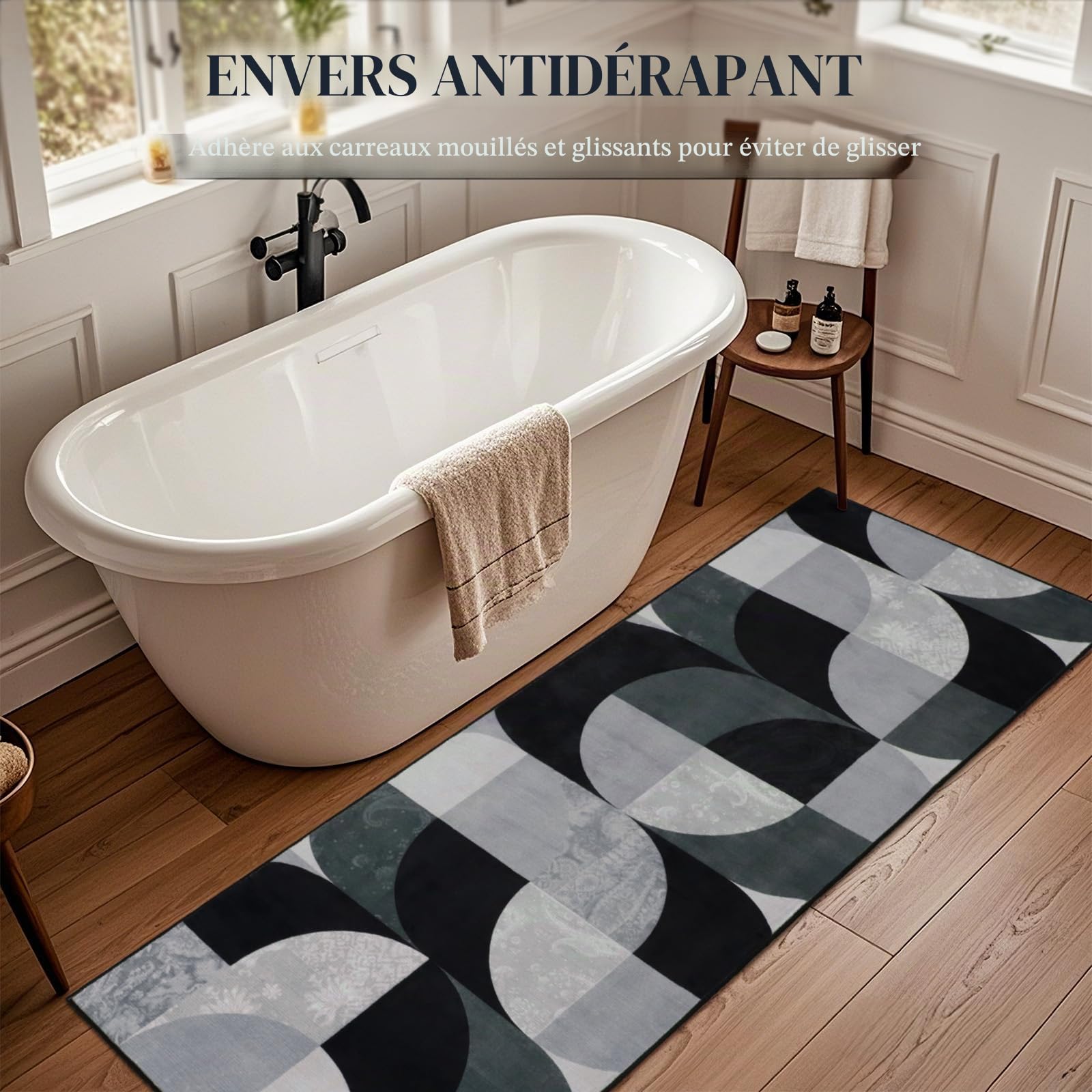 Tapis de couloir bohème à poils courts et doux, lavable, pour couloir, buanderie, entrée, salle de bain, 60 x 180 cm, noir