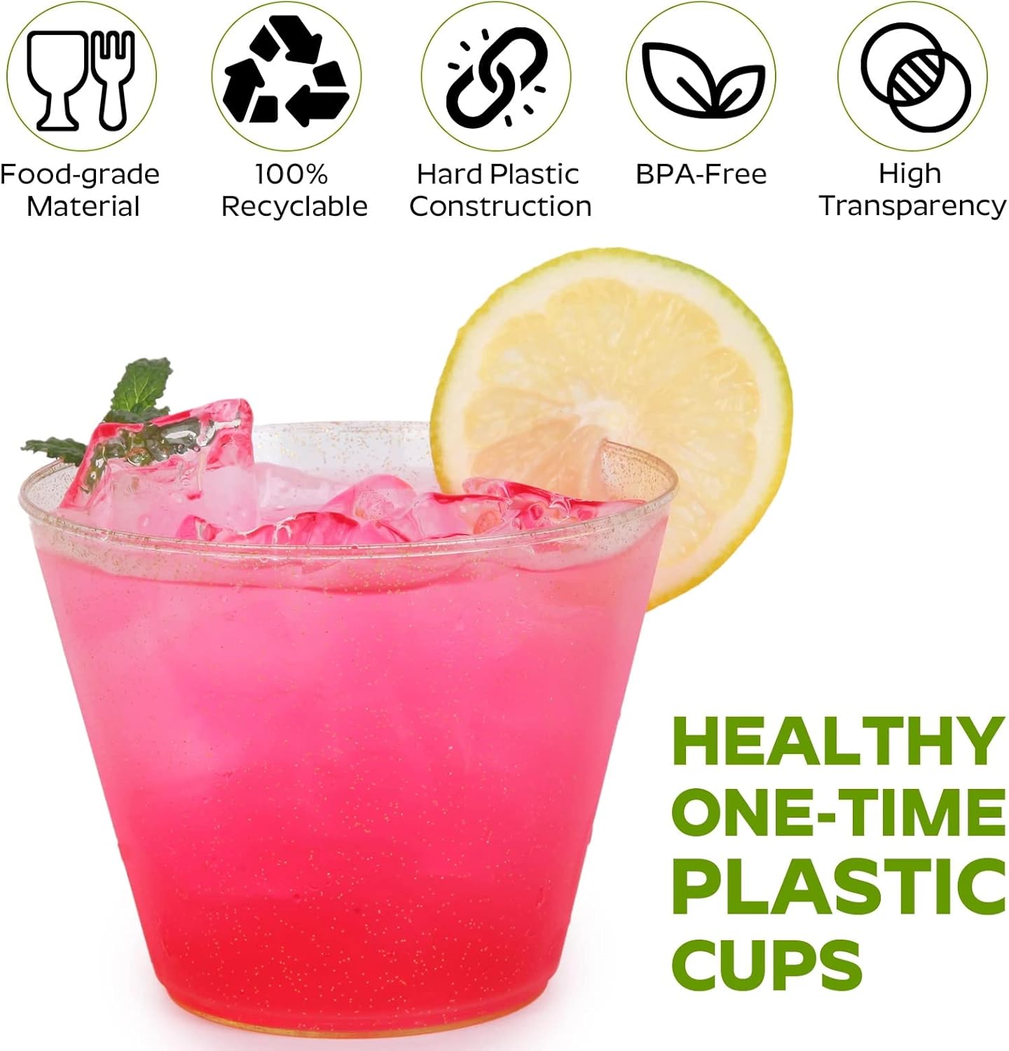 Tobvory 100 Pack Gold Plastic Cups - 9 oz Hard Gold Cups, Premium Disposable Cups For Cocktail And Drinking - Food Grade Party Cups Set - Sturdy Plastic Tumbler Cups For Parties - Gold Glitter - Image 3