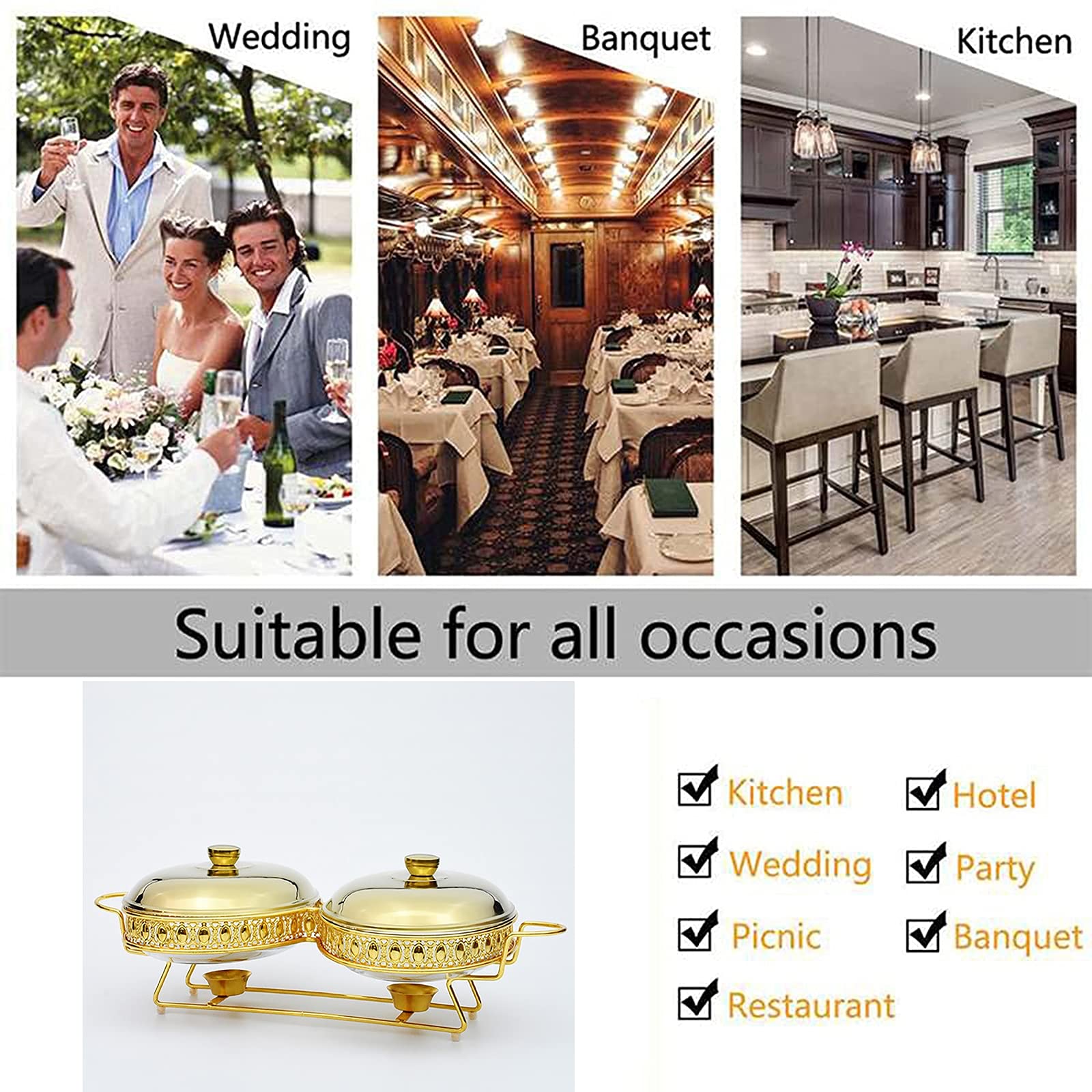 Set da Buffet per Scaldavivande in Acciaio Inossidabile da 3 Quart, Set Chafer con Coperchio, Scaldavivande per Feste Cucina Banchetti Pranzo,Gold