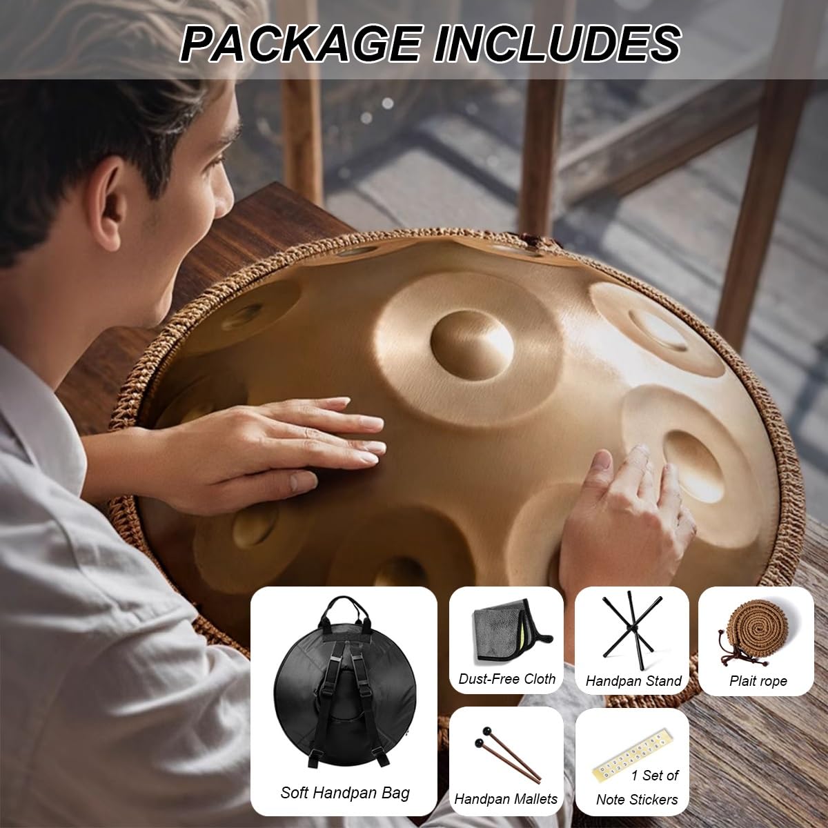 Tamburo in Acciaio in D Minor 10 Note 58cm 432HZ/440 HZ, Hand Drum Percussione per adulti Meditazione Personale(Nero,440Hz)