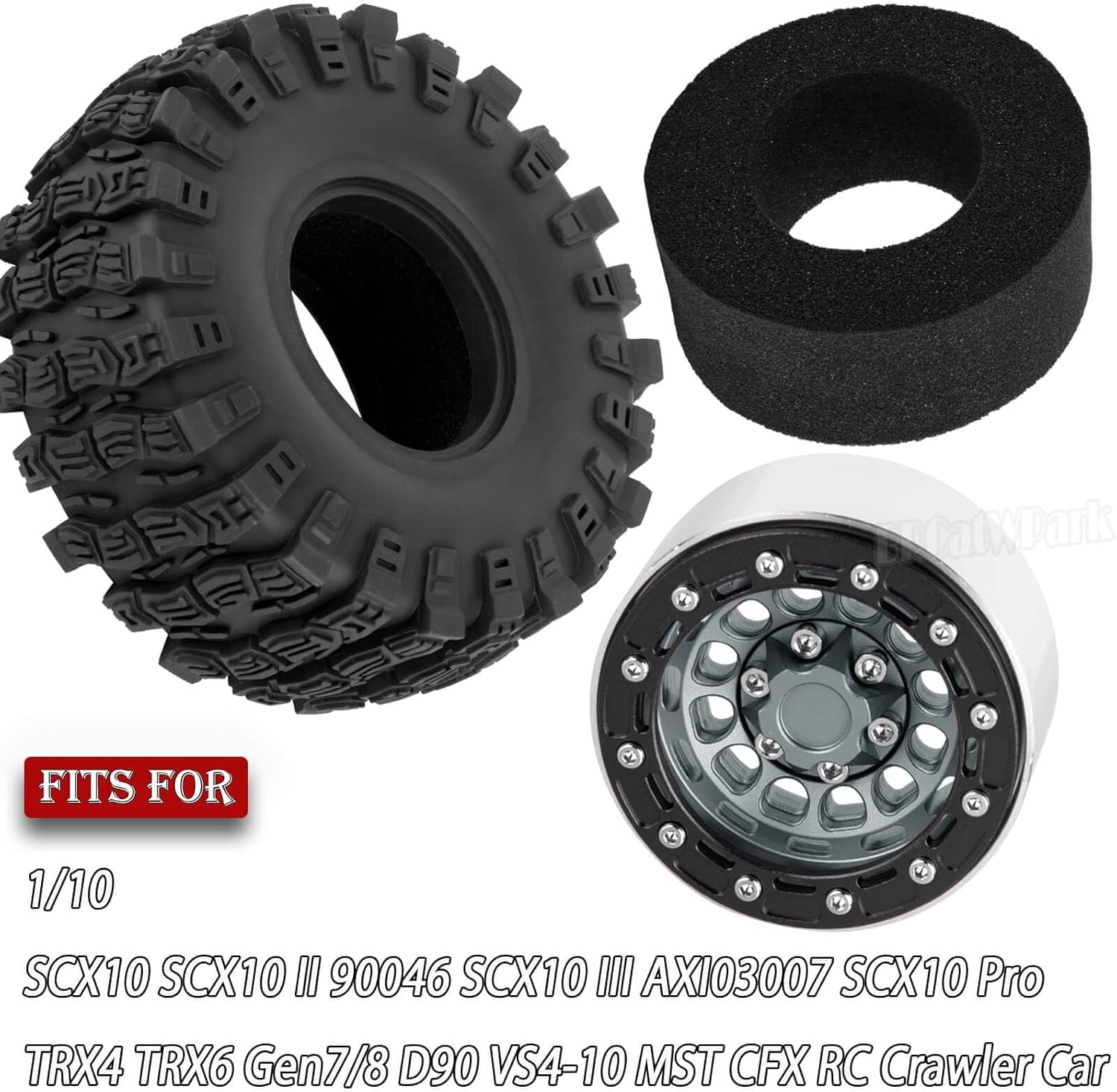 RC 1.9 Beadlock Rims & Wheels Tires w/Adjustable Offset for 1/10 SCX10 TRX4 TRX6 Gen7/8 D90 VS4-10 MST CFX RC Crawler Car,BRCatWPark 4pcs Aluminum Double Rims and Rubber Tires w/Sponge,Titanium