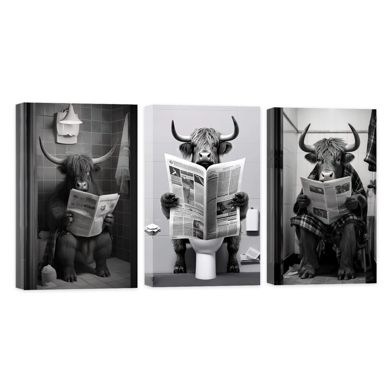 CCWACPP Bathroom Animal Wall Art Set of 3 Funny Black and White Highland Cattle Canvas Print Cow Pictures Wall Decor On Toilet Poster Framed (60x90cmx3, Cow - 2) — image 1