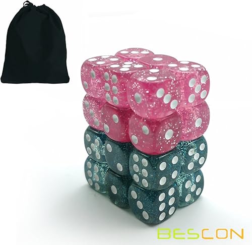 Miniatura 8 de Bescon - Juego de dados etéreos con purpurina etérea de 0.472 in, 6 caras, 24 piezas en bolsa de terciopelo con cordón, rosa y verde azulado (12
