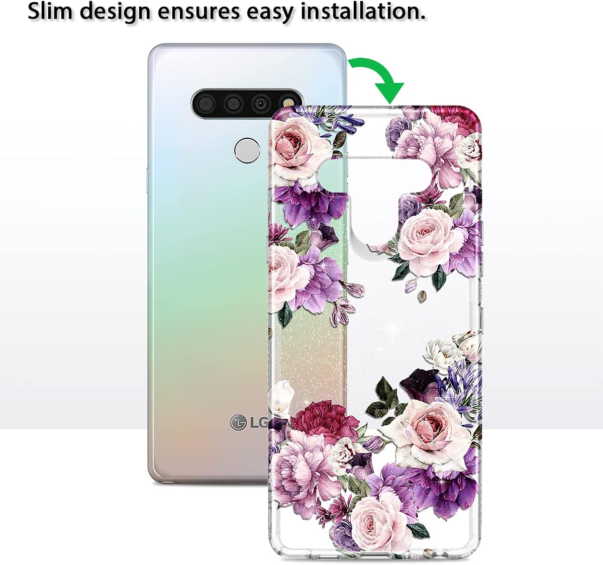 Lamcase for LG Stylo 6 Case Crystal Clear Sparkly Glitter Shiny Soft Flexible TPU Slim Fit Hybrid Drop Protection Tough Rugged Shockproof Cover Case for LG Stylo 6, Purple Flower