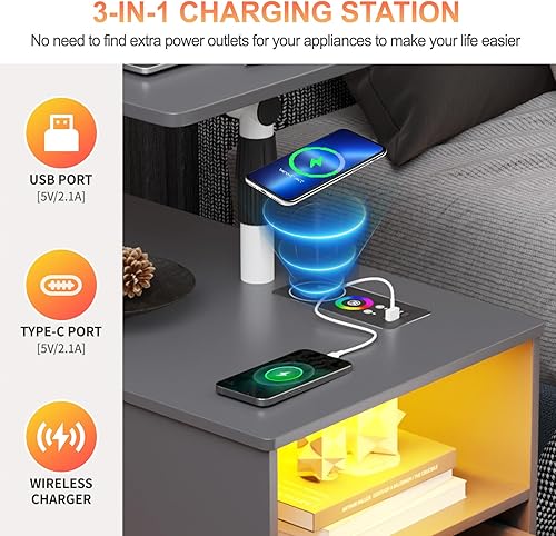 Miniatura 75 de HNEBC Mesita de noche con estación de carga inalámbrica, la mesita de noche LED tiene una estación de trabajo giratoria ajustable, mesita de noche 1