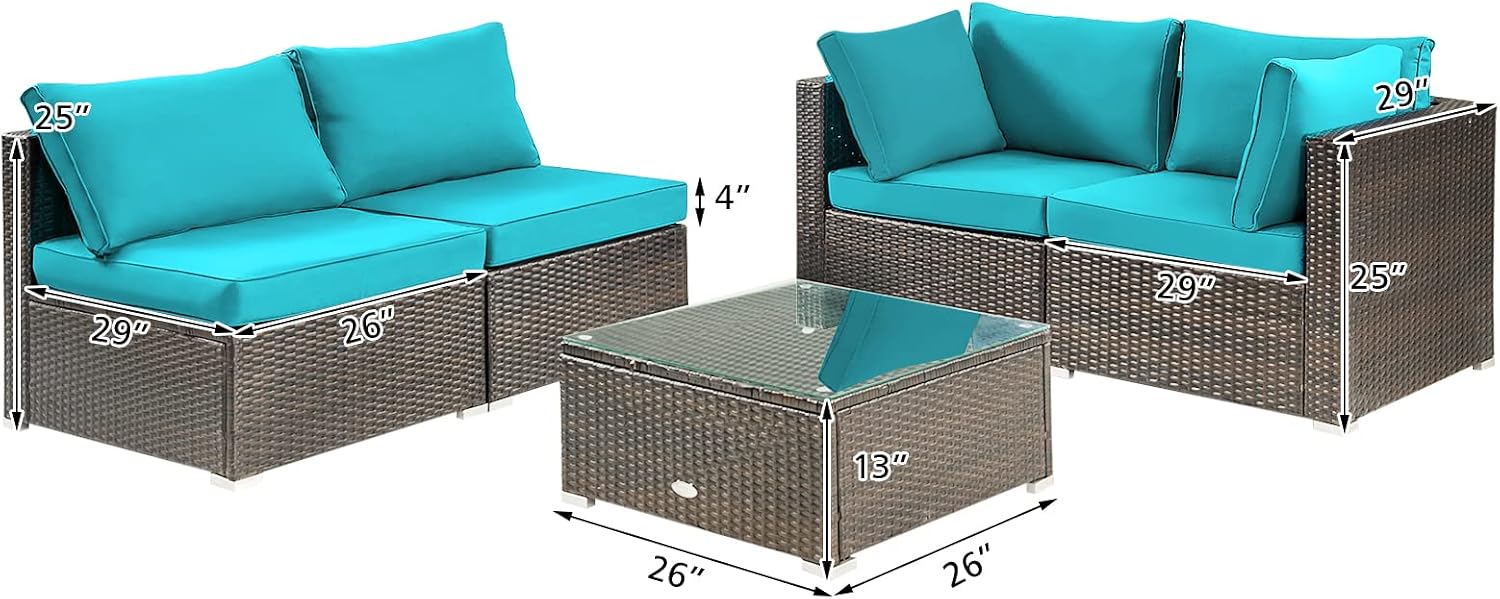 DORTALA 5 Pieces Patio Furniture Set, Outdoor Rattan L-Shaped Corner Sofa Set with Cushions, Coffee Table, Patio Sectional Conversation Set for Backyard Porch Garden Poolside, Turquoise