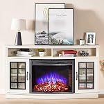 Jocisland Curved Fireplace TV Stand with 26'' Electric Fireplace, Media Entertainment Center Farmhouse Glass Door Storage Cabinet, Open Shelve Console Table for TVs up to 65'', Distressed White