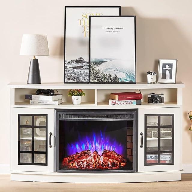 Jocisland Cheminée incurvée TV Stand avec cheminée électrique de 26'', Centre de divertissement des médias Cabinet de rangement de porte en verre de ferme, Table de console ouverte Shelve pour téléviseurs jusqu'à 65''