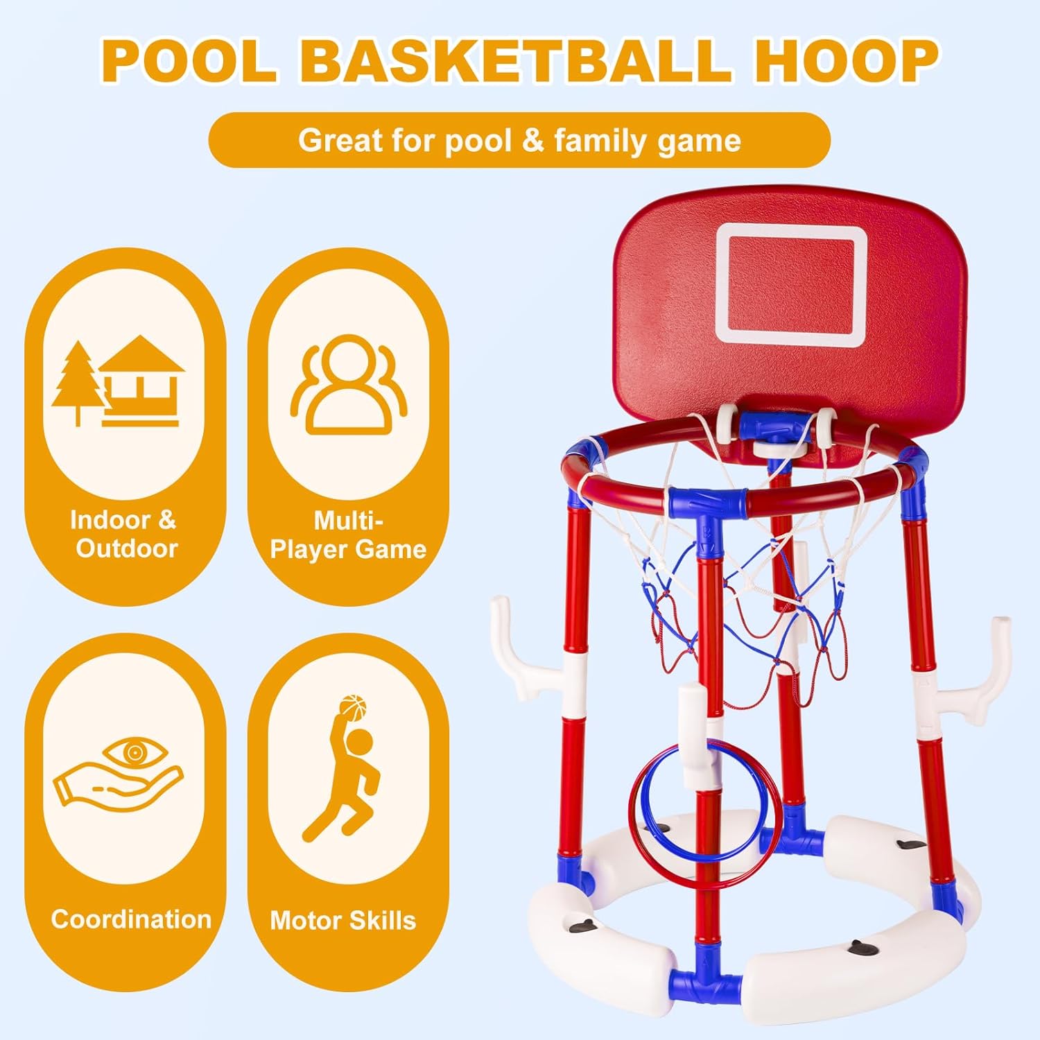 Taotuo Red Floating Pool Basketball Hoop with Backboard, 2-in-1 Basketball & Ring Toss Game with 4 Balls, 6 Rings&Pump, Summer Pool Toys Outdoor Water Fun Family Party for Age 3-12