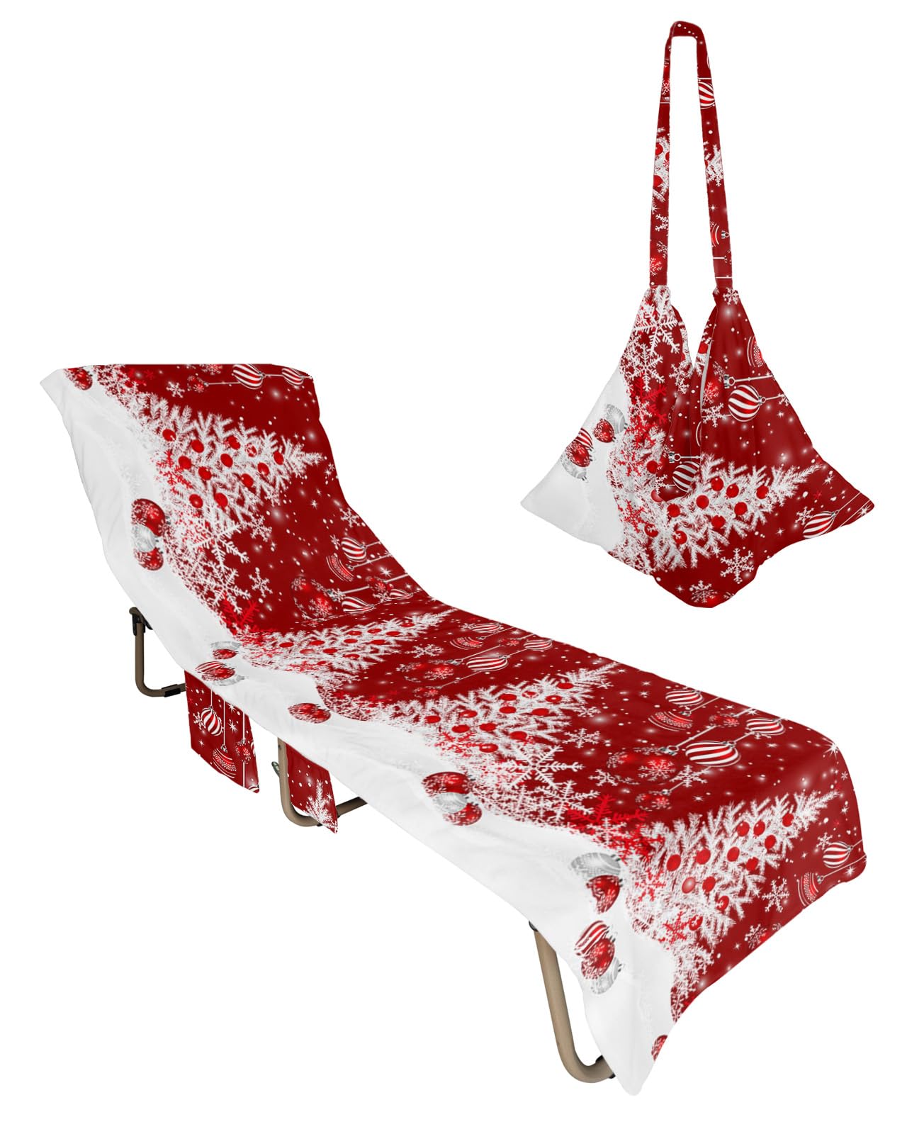 Christmas Tree Beach Chair Towel Covers for Chaise Lounge with Side Pocket, Soft Plush Pool Towels Cover for Patio Sunbathing Outdoor 29''x85'' Red Xmas Balls Star Snowflake