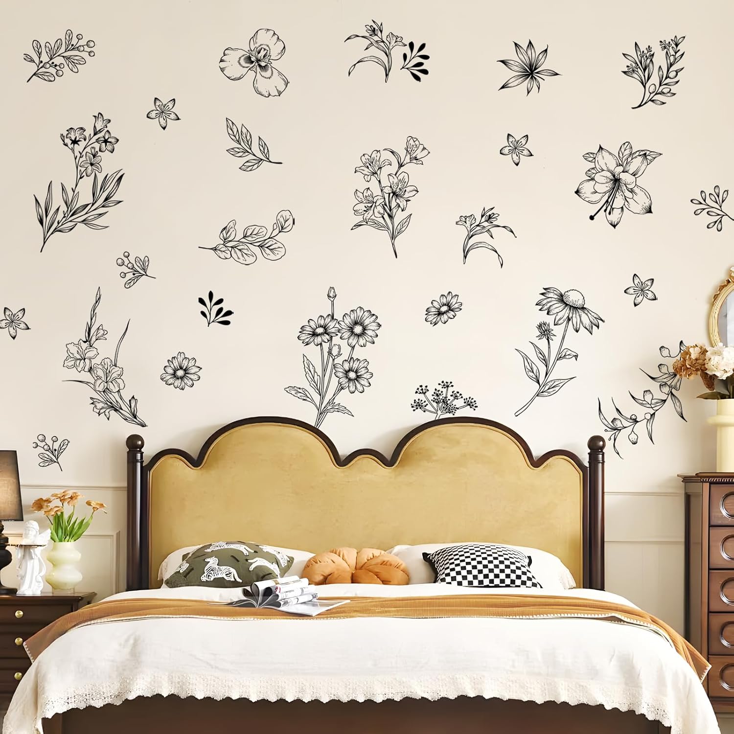 Tanlaby Sketch Black Flower Wall Decals, Garden Floral Wall Stickers Retro Wildflower Decal Peel and Stick Walll Art Decor for Bedroom Office Sofa TV Backdrop