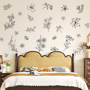 Tanlaby Sketch Wildflower Wall Stickers Black Flower Wall Decals