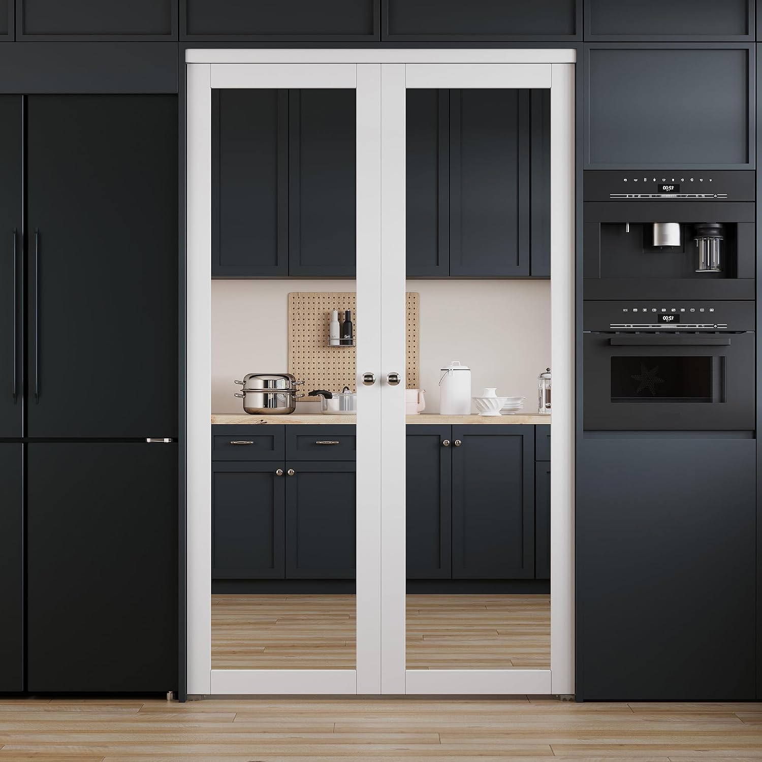 French Pivot Door for 48" x 80" Opening, Double One-Side Mirror Door Panels with Pivot Door Hardware, Swing Doors for Pantry/Laundry/Storage Room, White, Finished Water&Scratch-Resistance Surface