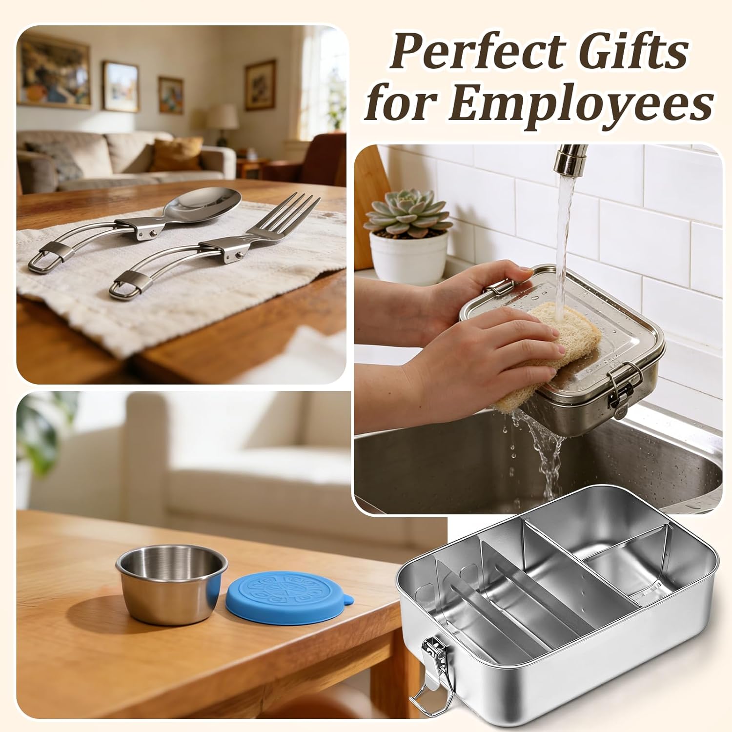 Qtencas Stainless Steel Lunch Bento Box, 47oz / 1.4L 5-Compartment Metal Bento Box with Removable Dividers, Leakproof Condiment Containers, Natural Loofah Dishwashing Sponge and Foldable Sporks