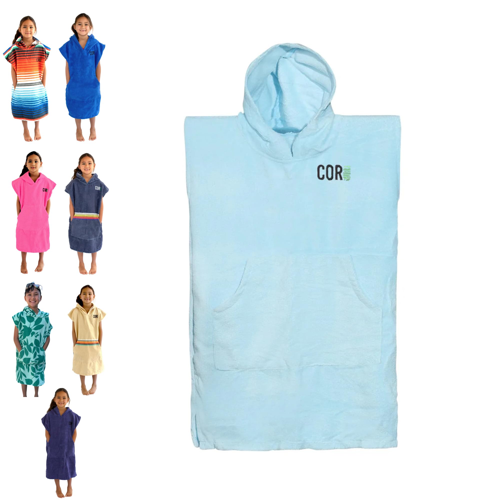 COR Surf Poncho Changing Towel Robe with Hood and Front Pocket for Kids, Doubles Up As Beach Towel and Blanket, Made of Quick Dry Microfiber, Fits