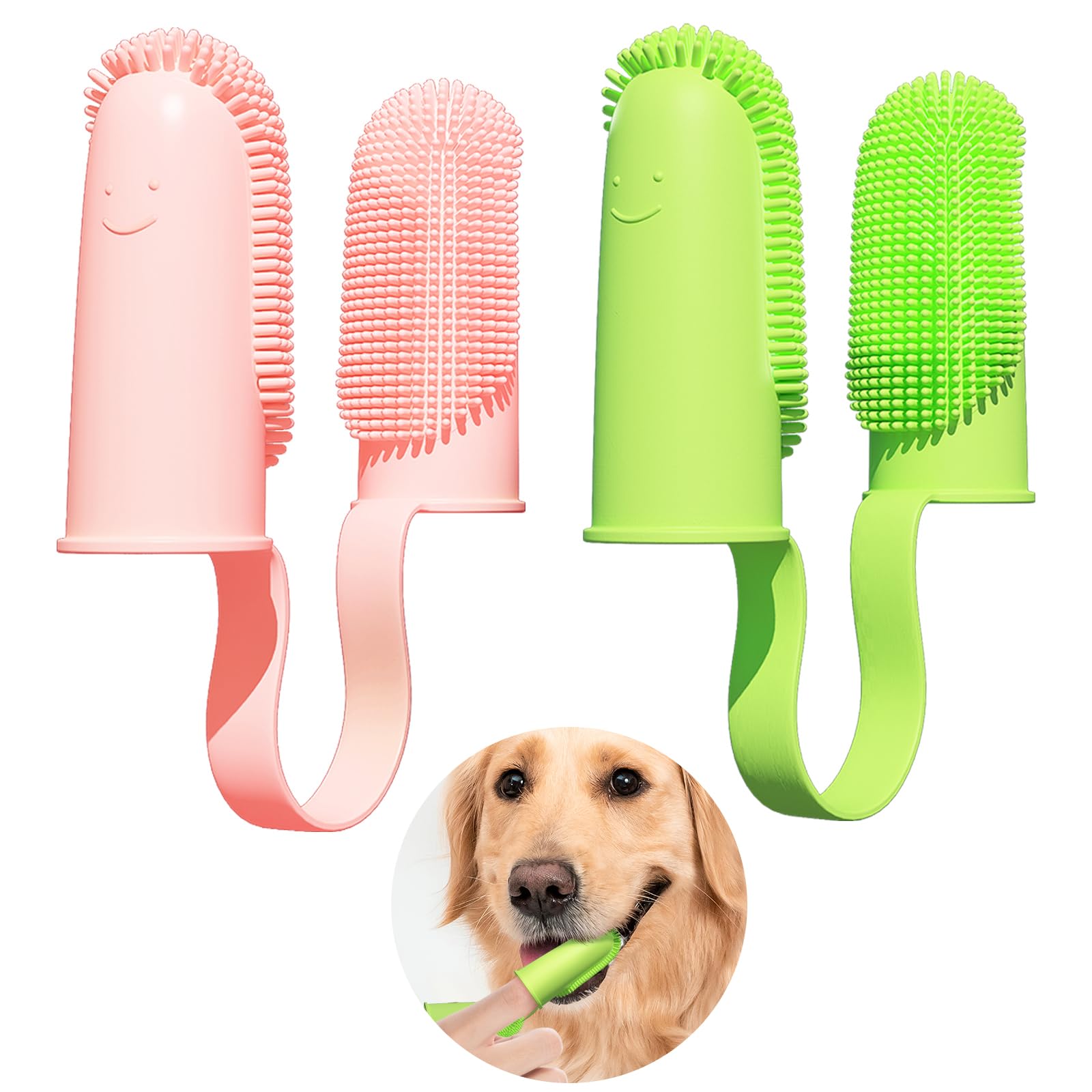 Pijaborg Finger Toothbrush 2 Pack - 135 Surround Bristles for Dog Teeth Cleaning, Pet Dental Care for Puppies, Cats and Small Dogs (Pink and Green)