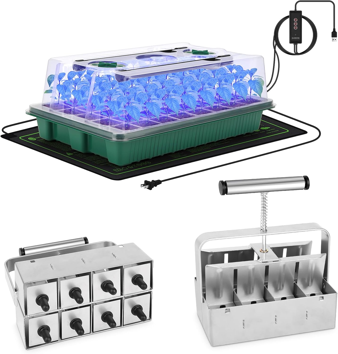 BlumWay 40 Cell 4-in-1 Seed Starter Kit with Heat Mat & 2 Inch 8 Cell Upgraded Soil Blocker