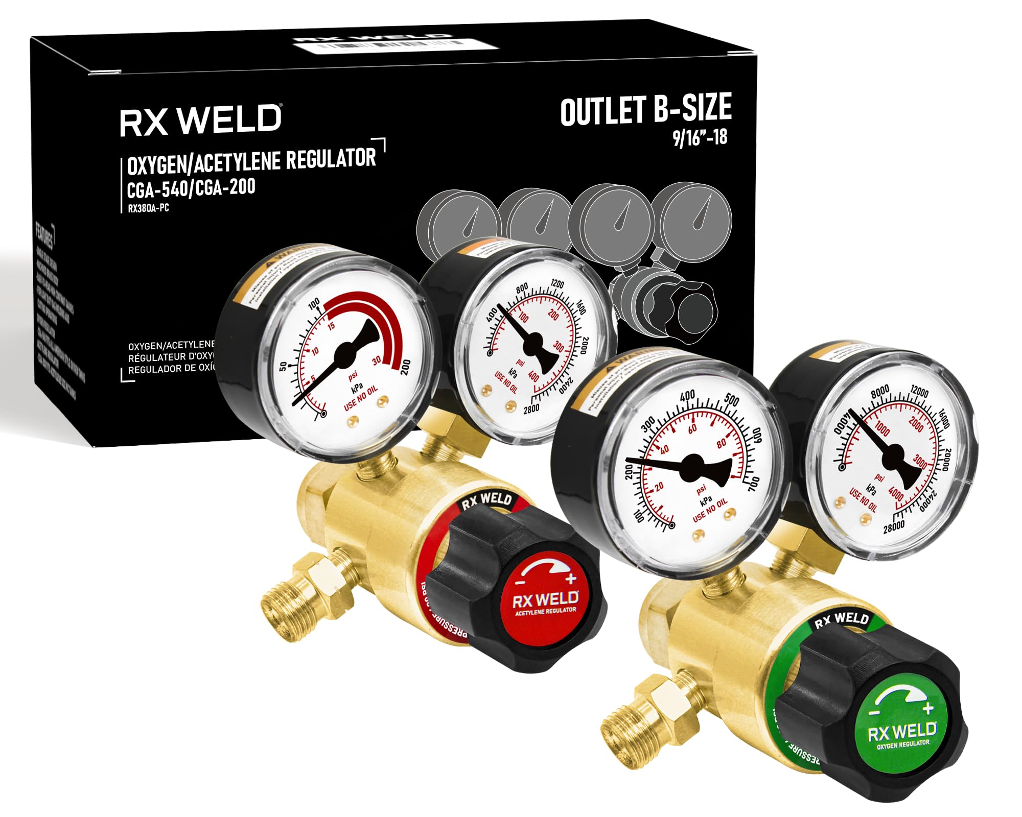 RX WELD Oxy Acetylene Regulator Set, CGA540 &amp; CGA200, B Size