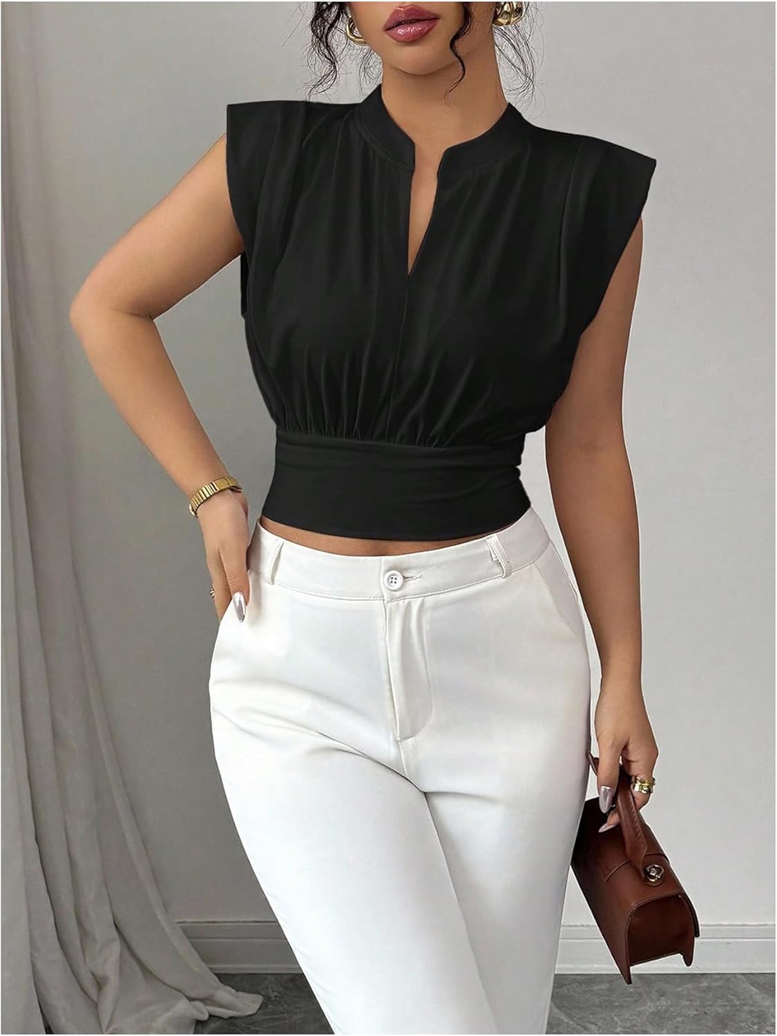 Milumia Women's Cap Sleeve Ruched Crop Tee Tops Casual V Neck Cinched Waist T Shirt - Image 4