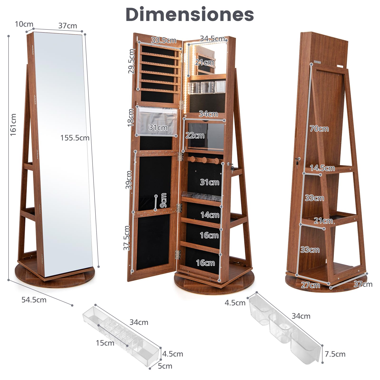 RELAX4LIFE Armario para joyas 3 en 1 con espejo LED giratorio 360° y 3 estantes (marrón)