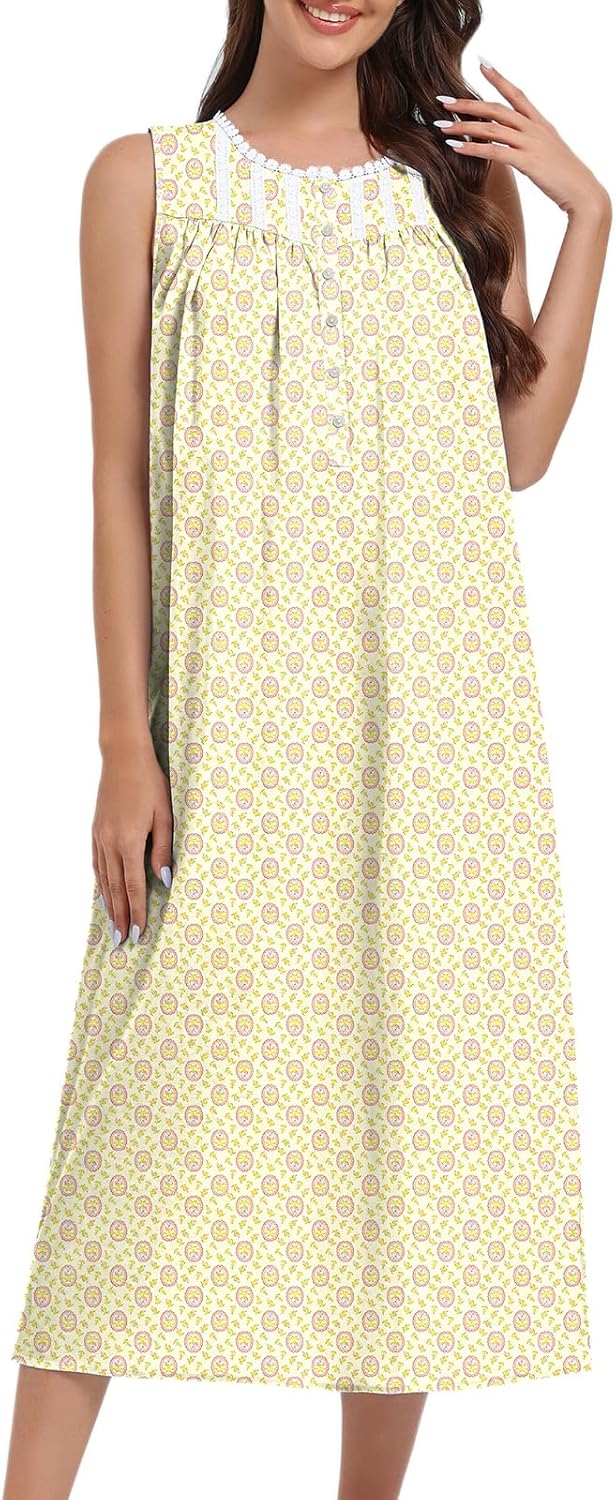 FMIRREO Cotton Nightgowns for Women Sleeveless Tank Night Gown Soft House Dress Ladies Long Nightdress
