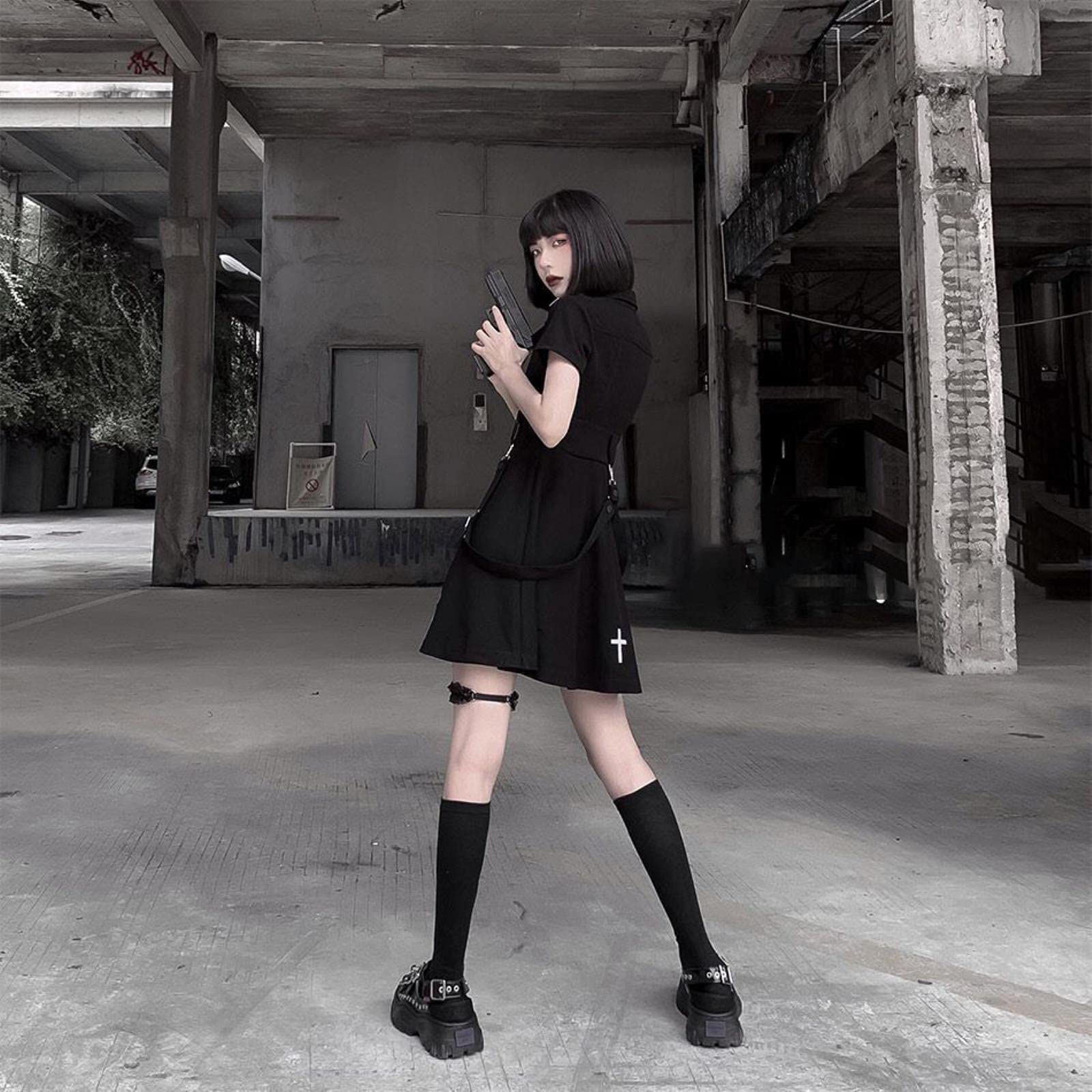 Robe gothique japonaise Lolita pour femme, style croix punk académie, noir, grande taille