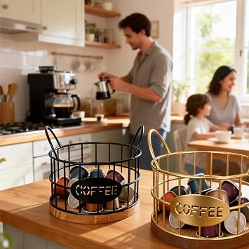 Coffee Pod Holders for Counter, K-Cup Storage Organizer with Sturdy Metal Frame and Wooden Base, Count Pod Container for Kitchen, Office, Bar Counter Desktop (Black)
