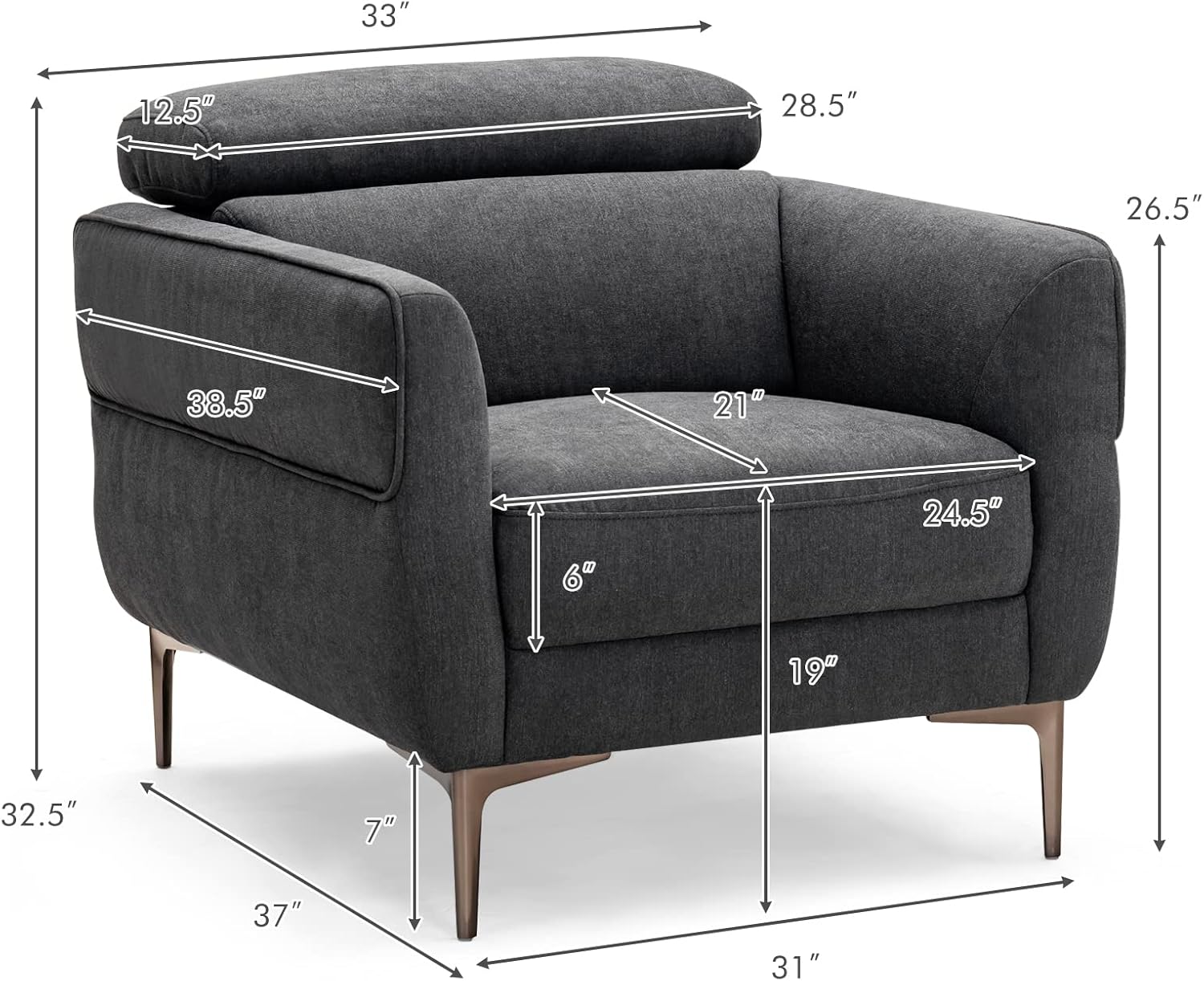 Giantex Accent Chair, Upholstered Single Sofa Chair with Adjustable Headrest, Stable Metal Legs, Armchair for Living Room Bedroom Office Reception Room, Gray