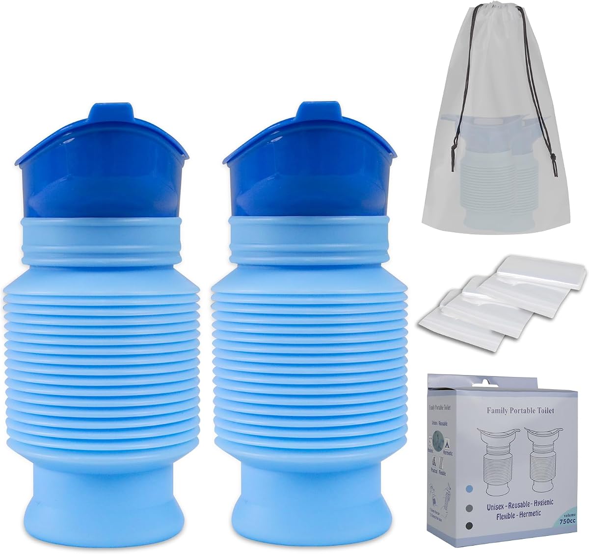 Botellas para orinar para hombres, orinal de emergencia ajustable, 2 piezas, inodoro portátil, 750 ml | Botella para orinar de coche para hombres y mujeres, inodoro portátil para coche, inodoro móvil personal retráctil, viajes, atascos y senderismo