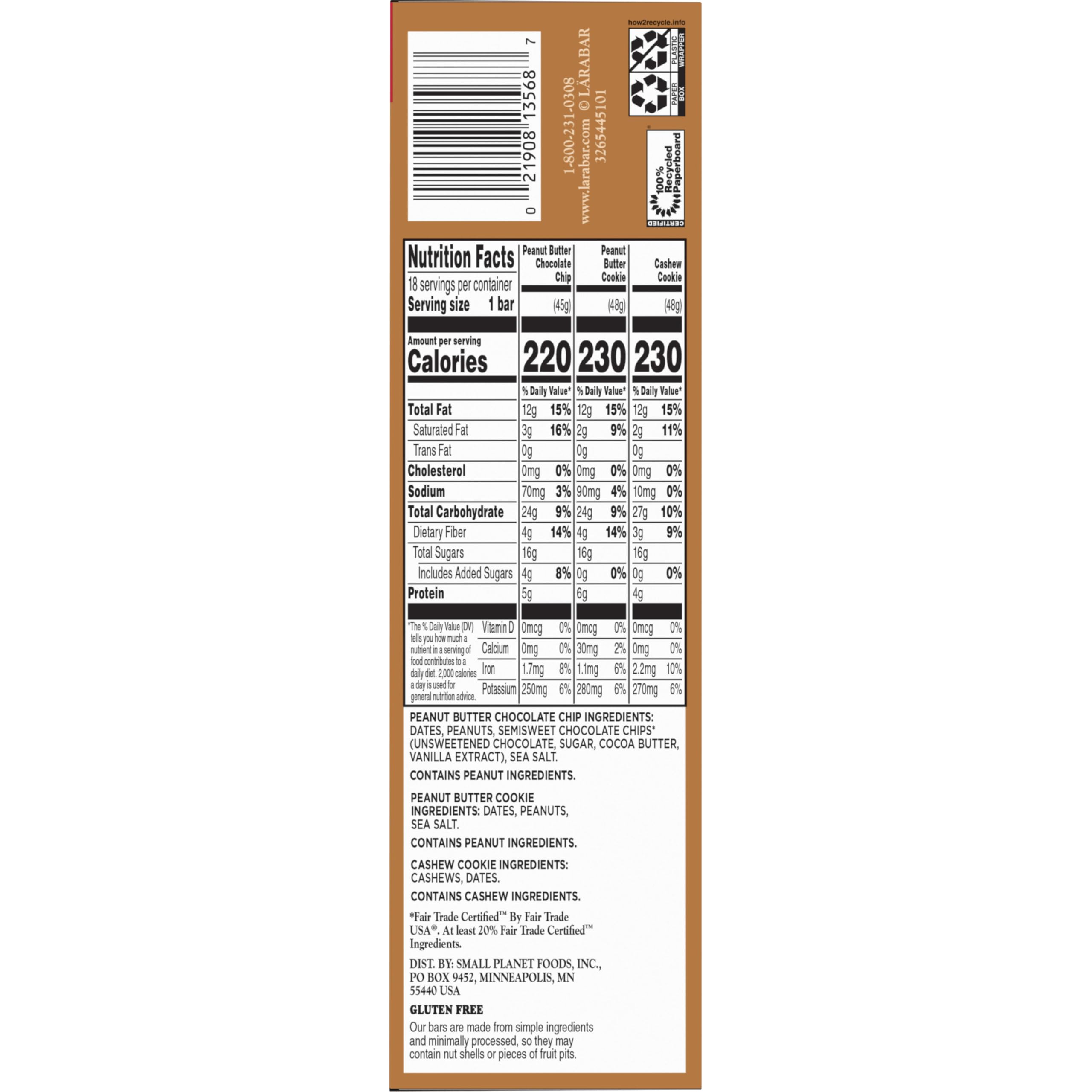 Larabar - Paquete variado de barras de frutas y nueces, 18 unidades, 30 onzas | PB Choc Chip, galletas PB y galletas de anacardo, 6 barras cada una, sin lácteos, sin OMG