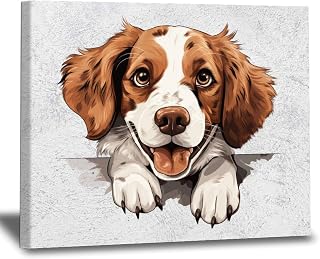 WoGuangis Brittany Canvas Wall Art Pictures Brittany Peeking Dog Painting Framed Artwork Puppy Dog Animal Painting Artworks for Living Room Bedroom 12x16in New Home Gift to Dog Mom