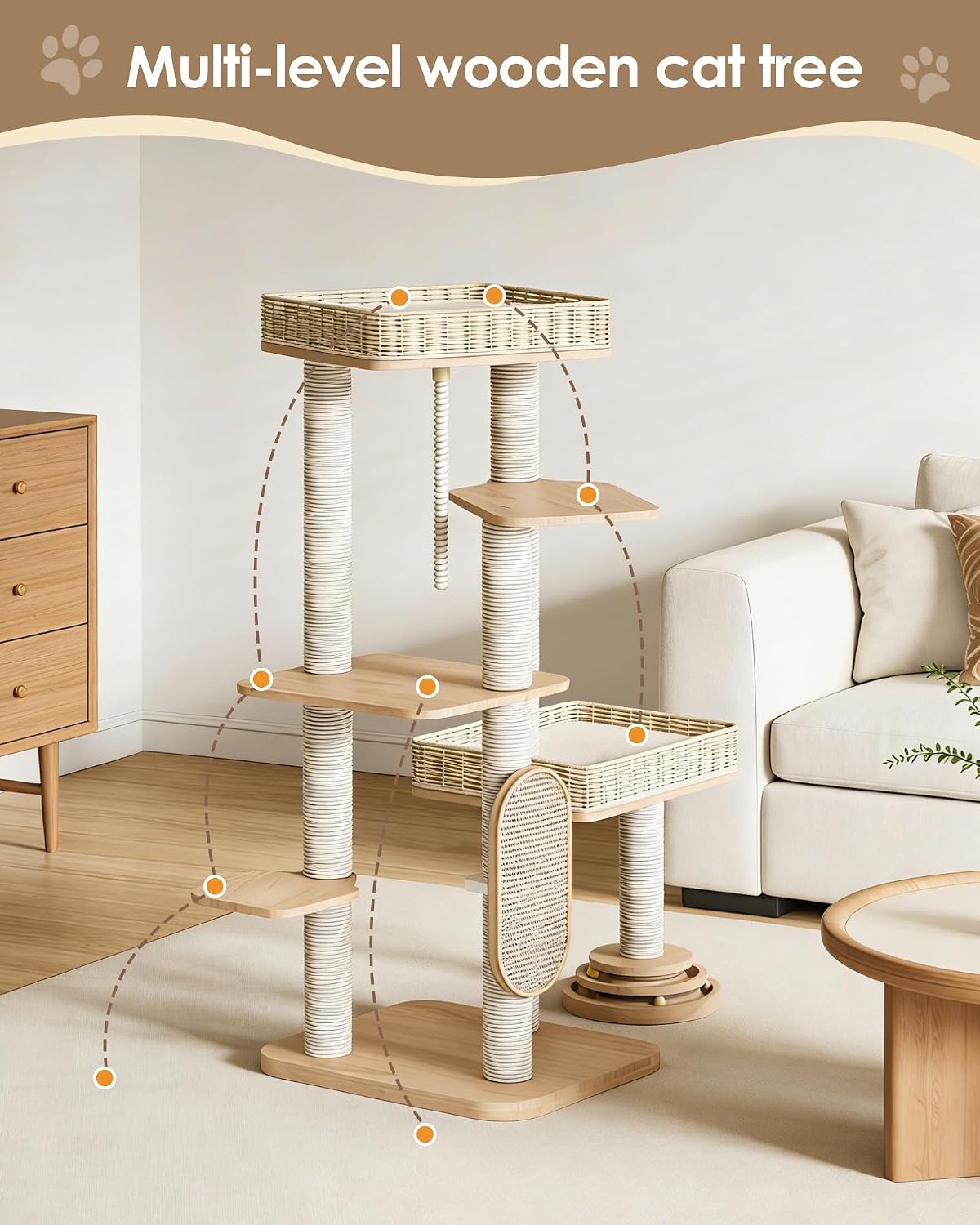 Modern Cat Tree, 53.4 Inches Wooden Multi-Level Cat Tower with Scratching Posts, Sisal Board, Condo, Plush Perch & Toy Ball, Pet Activity Center for Adult Cats