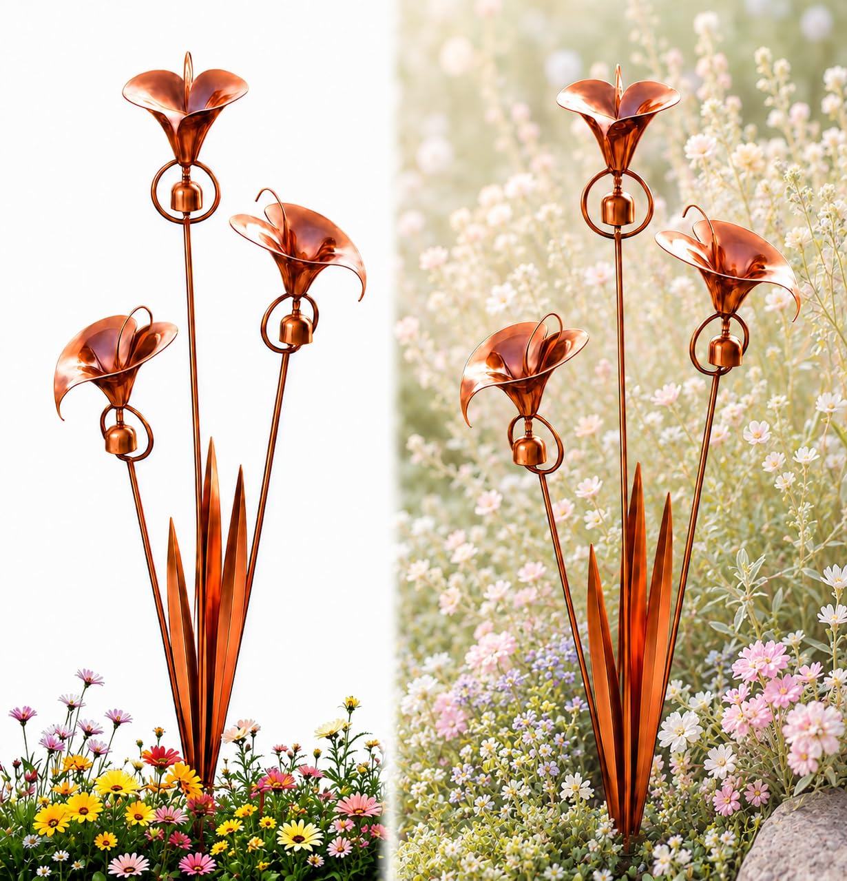 Flamed Copper Calla Lily Garden Stake with Bells, Metal Flower Yard Art Decor, Weatherproof Outdoor Yard Sculpture, Outdoor Wind Copper Garden Stakes for Lawn Patio Garden, Handmade Yard Ornament Gift