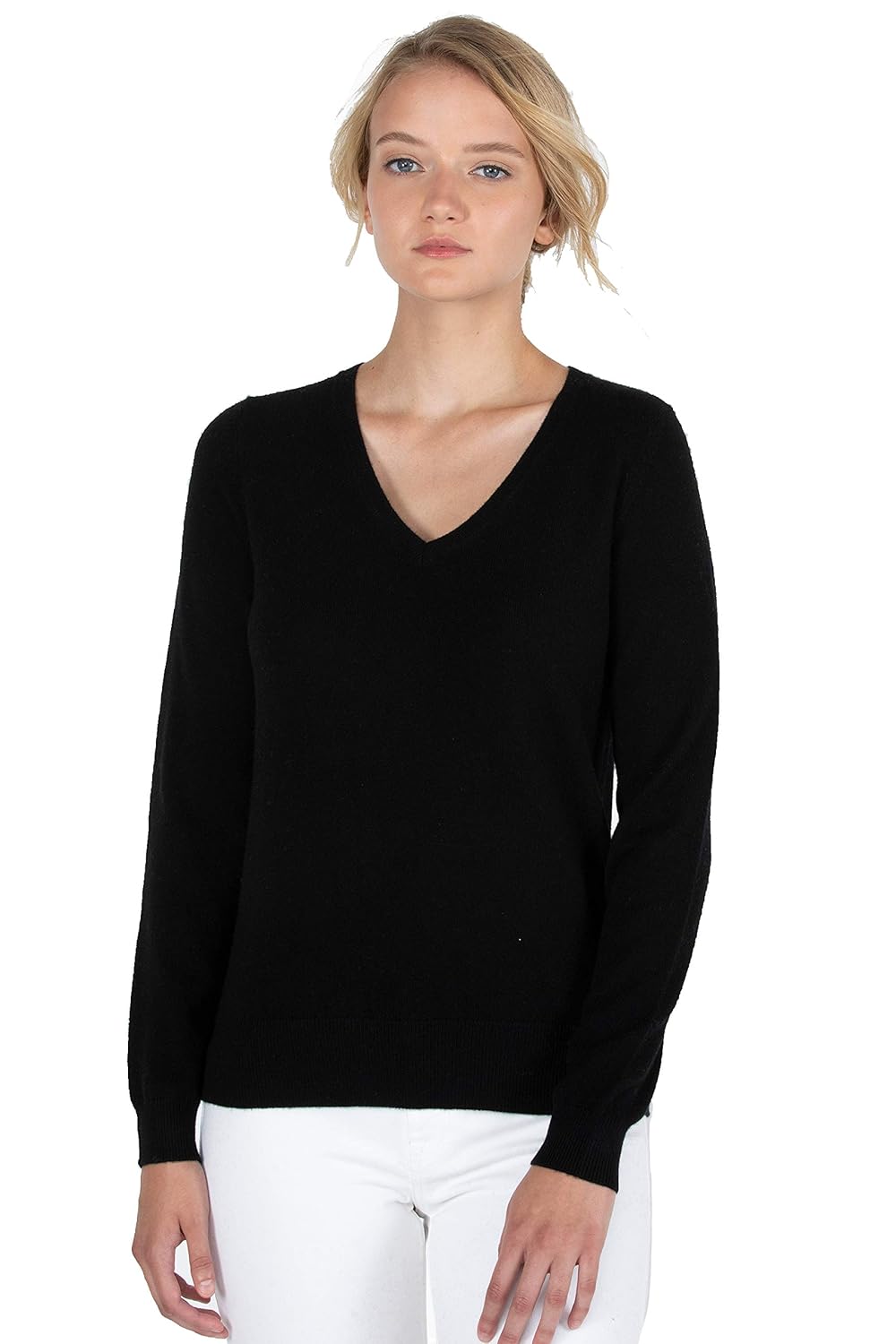 JENNIE LIU Womens 100 Pure Cashmere Long Sleeve Pullover V Neck Sweater