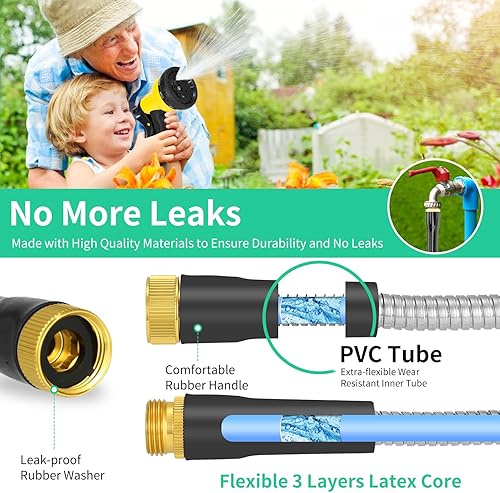 Miniatura 4 de Manguera de agua de 50 pies, manguera de jardín de acero inoxidable resistente con boquilla de 10 funciones, manguera de metal ligera, sin