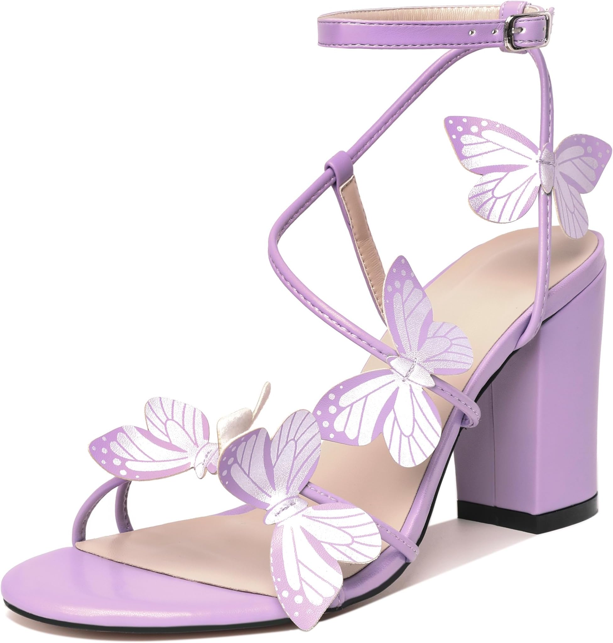 Esvowido Women's Chunky Heeled Sandals, Strappy Open Toe Butterfly Heels, Ankle Strap Block High Heel Sandals 3.5 Inches